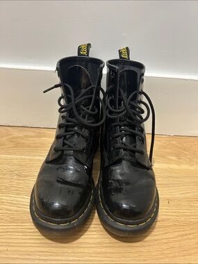 Dr. Martens Black Patent Boots with Yellow Pull-Tab
